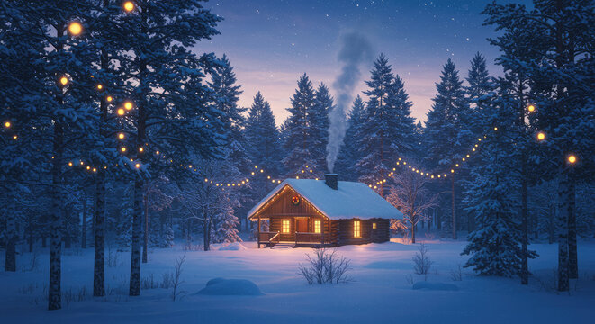 Magical Winter Scene With a Rustic Cabin and Glowing Lights.