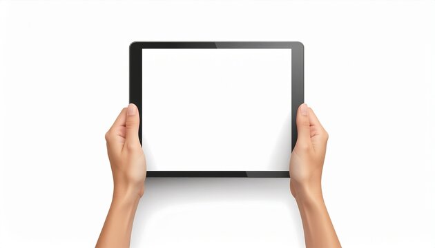 Hands holding a modern digital tablet with a blank screen, perfect for mockups