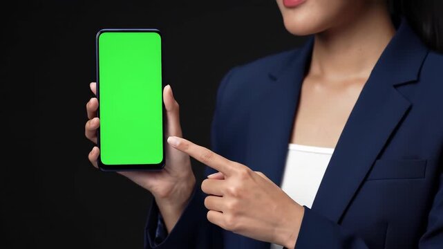 Close up of a professional businesswoman in a dark blue suit holding and pointing at a smartphone with a green screen display perfect for showcasing mobile app interfaces or digital content against a.