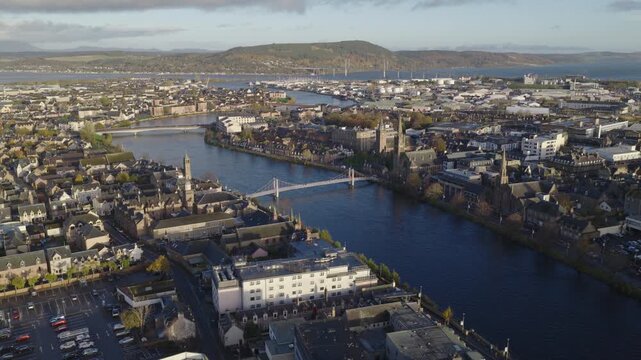 Establishing aerial view of Inverness, city in the Scottish Highlands