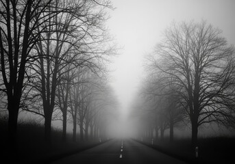 A foggy morning road surrounded by trees with soft natural blur and muted tones, evoking calm and mystery.