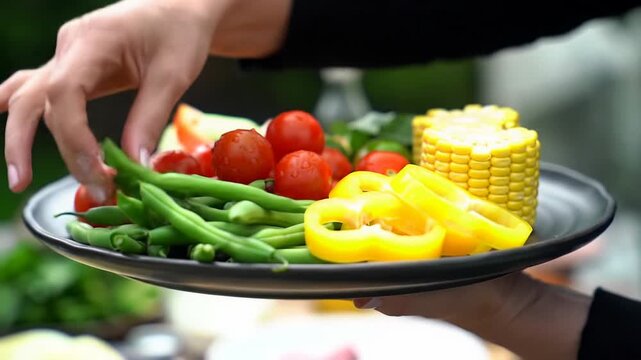 Extreme close-up video: vibrant farm-fresh cherry tomatoes, crisp string beans, golden bell peppers, corn on matte black plate held by clean hand. Natural light, bokeh. Wholesome eating concept