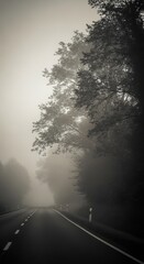 A foggy morning road surrounded by trees with soft natural blur and muted tones, evoking calm and mystery.