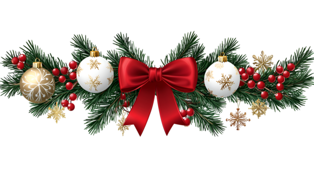 Beautiful holiday garland featuring lush pine branches decorated with red holly berries, golden ornaments, snowflake charms, and a vibrant red bow, perfect for seasonal decor and festive marketing.