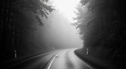 A foggy morning road surrounded by trees with soft natural blur and muted tones, evoking calm and mystery.