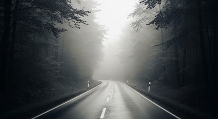 A foggy morning road surrounded by trees with soft natural blur and muted tones, evoking calm and mystery.