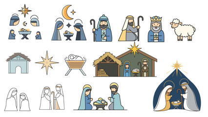 Minimal Christmas Nativity Symbols Vector Set – Holy Scene Silhouette Icons, Biblical Christmas Elements, and Sacred Holiday Design Graphics