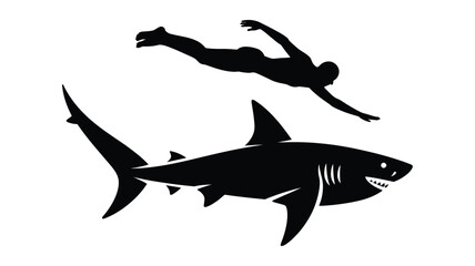 Fototapeta premium Daredevil diver swimming near a menacing shark silhouette, an edgy design element for extreme sports, ocean conservation, or marine biology projects