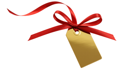 Elegant golden gift tag with vibrant red ribbon bow perfect for luxury branding, special occasions, and premium product packaging design needs.