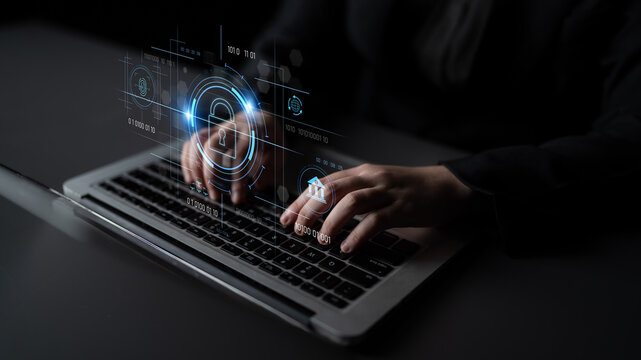 Cybersecurity system interface with biometric lock and data protection. Cybersecurity protects access, identity, cyber security prevents threats, and cyber security supports digital systems. Latch