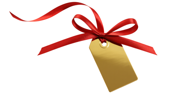 Elegant golden gift tag with vibrant red ribbon bow perfect for luxury branding, special occasions, and premium product packaging design needs.