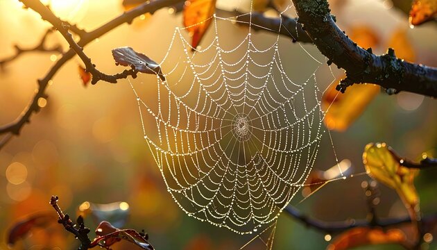 Dew drops sparkle on a delicate spider web strung between autumn branches bathed in warm golden hour sunlight with blurred golden leaves in the background