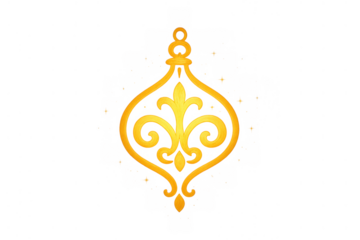 Gold ornamental pendant featuring a classic fleur-de-lis motif with intricate swirls, hanging element, and rich texture