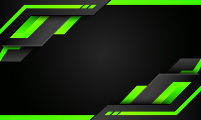 Black and neon green geometric background design. The design features a hexagonal pattern in the background and layered, angular shapes in the foreground. vector