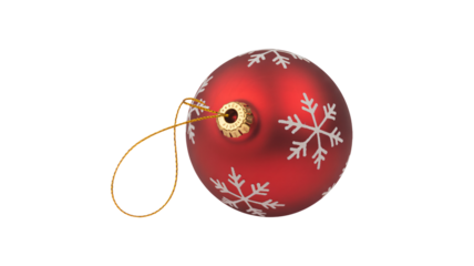Festive red Christmas ornament with elegant white snowflakes and golden hanging loop ready to decorate your holiday tree