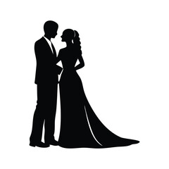Black and white silhouette illustration of a bride and groom standing close together in a romantic vector style