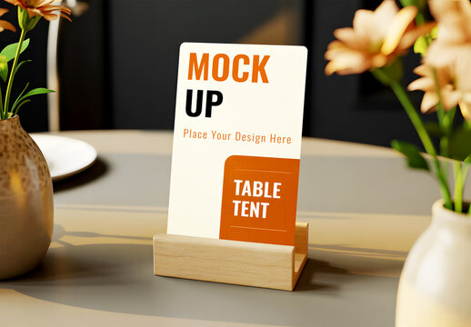 Table Tent Mockup with Wooden Stand for Restaurant Menus