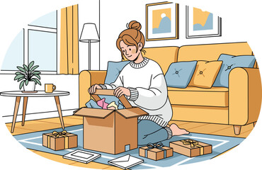 Woman Unboxing Online Order and Opening Gifts at Home Vector

Woman Unboxing Online Order and Opening Gifts at Home Vector