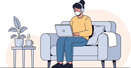 Woman Working Remotely at Home Wearing Face Mask
