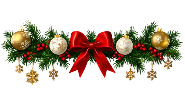 Beautiful holiday garland featuring lush pine branches decorated with red holly berries, golden ornaments, snowflake charms, and a vibrant red bow, perfect for seasonal decor and festive marketing.