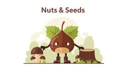 Cheerful Chestnut Mascot Standing In Forest Beside Mushrooms And A Tree Stump