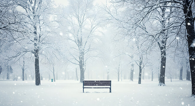 Snow-covered park bench amidst winter trees in a snowy landscape  