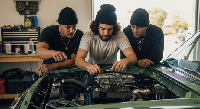Three men repair an engine of a classic green car in garage. A focused shot of skill and expertise. Automotive maintenance, vintage restoration, brotherhood. - Powered by Adobe