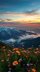 Fototapeta premium Scenic mountain vista at sunset with vibrant wildflowers in the foreground and snowcapped peaks in the distance