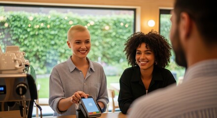 Two women in a cafe, one using a payment terminal. A medium shot shows a friendly, modern transaction. . Contactless payment, customer service, small business success.