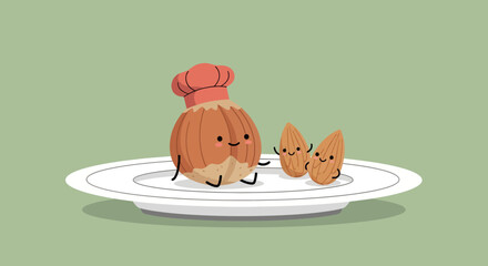 Chef Nut And Its Almond Friends Gathered on a White Plate for Some Culinary Fun