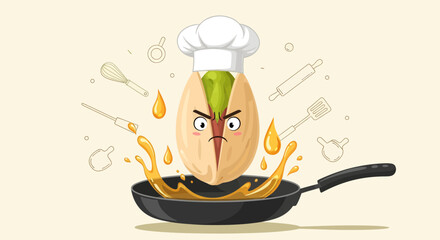 Chef Pistachio Cooking with Hot Oil in a Frying Pan, Preparing a Delicious Meal