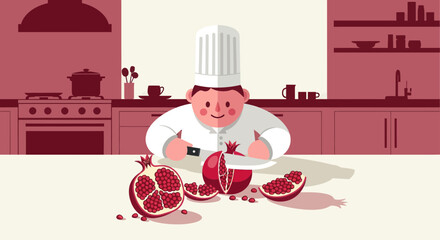 Chef Prepares Fresh Pomegranate Fruit in a Kitchen Setting Depicting Culinary Arts