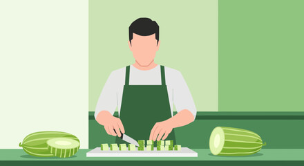 Chef Prepares Freshly Chopped Melon Cubes on a Cutting Board for Culinary Use