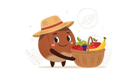 Naklejka premium Charming Animated Walnut Character With Fruit Basket Smiling Delightfully In The Garden