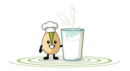 Chef Pistachio Presenting Milk in a Glass with a Funny Comical Style