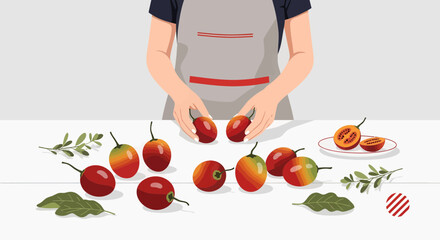 Chef Preparing Fresh Tamarillos: A Culinary Illustration Featuring Exotic Fruits