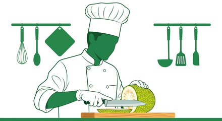 Chef Preparing Fresh Fruit In A Kitchen Setting With Culinary Tools And Essentials