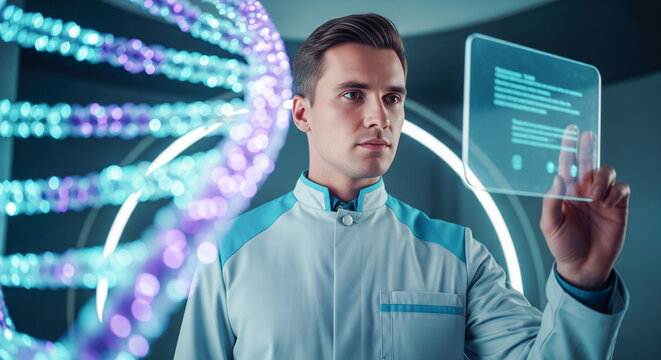 Scientist analyzing genetic data in a futuristic lab