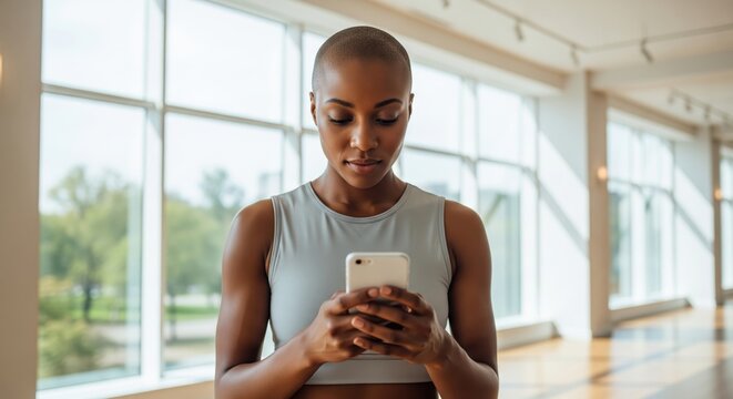 Woman in athletic wear uses phone in studio near windows. An inspirational portrait of health and technology. Modern lifestyle, fitness motivation, digital communication.