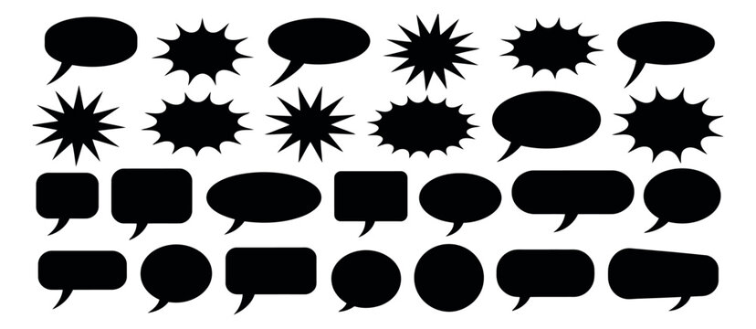 Comic burst, speech bubble, and text box silhouette vector.  essential pop art design elements for retro storytelling, dialogue highlights, comic illustration, and creative layout design.