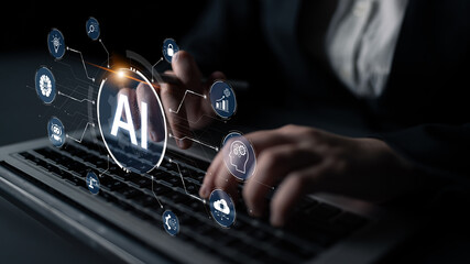 A concept of a multifunctional AI platform. This central intelligence hub powers various business operations, including automation, security, data analysis, and innovation. Fermion