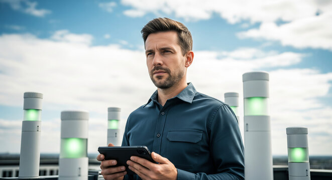 Man monitoring an urban air quality sensor network with a digital tablet