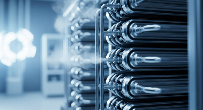 Hydrogen fuel cell stack with pipes emitting steam, highlighting clean energy technology