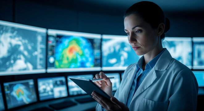 Focused woman analyzes weather data on a digital tablet in a high-tech control room