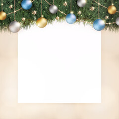 キラキラ光り輝くクリスマスの飾りと、白のボードとベージュ色のぼかし背景