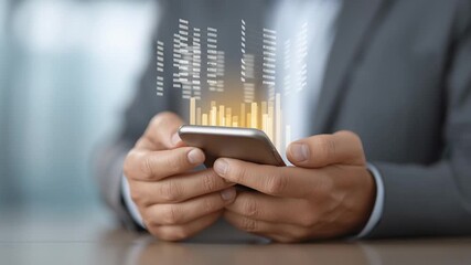 Closeup of businessman holding smartphone displaying glowing holographic financial charts and rising graph animation representing profit growth and success - Powered by Adobe