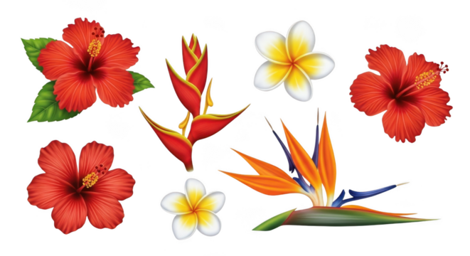 isolated white background of a vibrant collection of tropical flowers including red hibiscus, white plumeria, and bird of paradise.