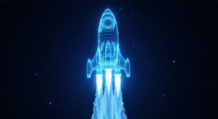 Stunning holographic rocket blasting off into dark space exploration, future innovation concept