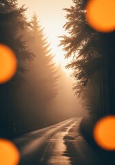 A foggy morning road surrounded by trees with soft natural blur and muted tones, evoking calm and mystery.