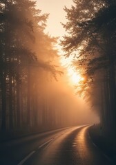 A foggy morning road surrounded by trees with soft natural blur and muted tones, evoking calm and mystery.